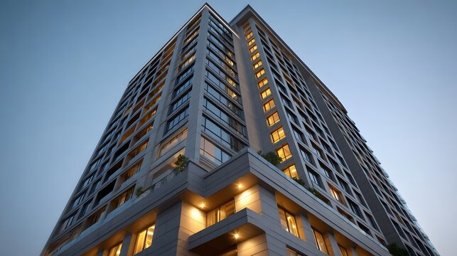 Modern high rise residential building exterior illuminated at dusk with glowing