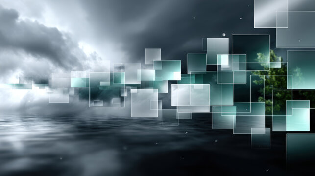 Abstract background geometric glass square reflection water cloud modern concept over dark ocean under dramatic sky mood
