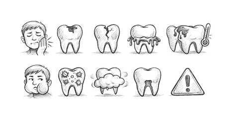 Fototapeta premium Dental health line icon set. Tooth pain, cavity, hygiene symbols in outline style