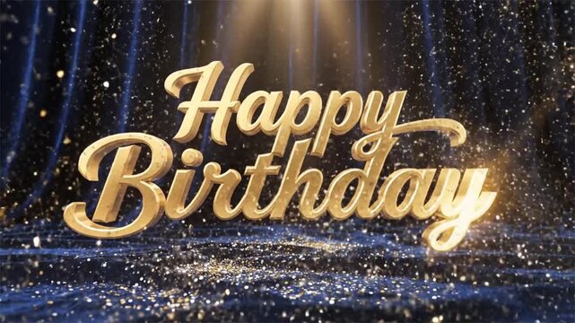 Golden Happy Birthday Confetti Explosion on Blue Velvet Background Motion Graphic Animation