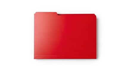 A vibrant, glossy red file folder, viewed from above, on a stark white background