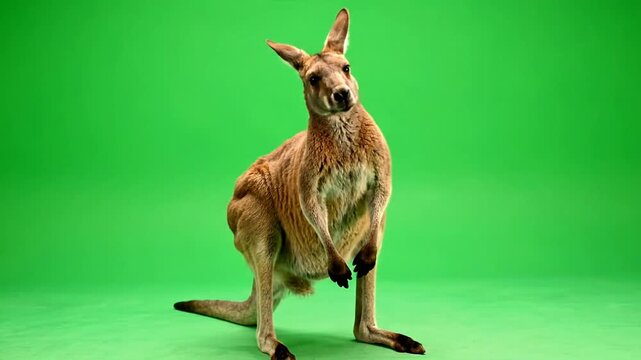 Curious gray squirrel stands alert on its hind legs against a vibrant chroma key background, ready for compositing