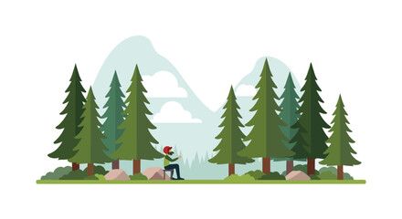 Fototapeta premium Serene flat illustration of person relaxing on rock in dense evergreen forest, featuring distant mountains and clouds. A peaceful scene of outdoor