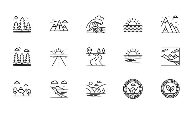 Landscape Line Web Icons Set with Nature Travel Mountain Forest Sea and Sunset Views Vector Illustration