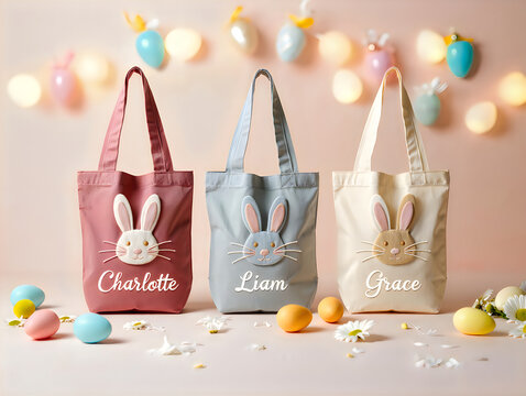 Personalized Easter Bunny Tote Bags with Names Displayed
