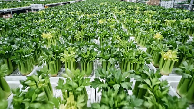 Simulated high angle aerial wide shot looking directly down upon a commercial quantity of perfectly aligned celery arranged across several uniform white trays culinary, commercial, vibrant