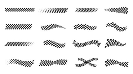 Set of checkered racing flag wave strips and speed patterns isolated on white background, motorsport motion elements vector