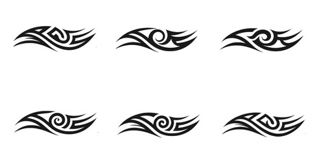 Naklejka premium Tribal flame decals and abstract racing swirl elements isolated on white background, custom car tattoo vector set