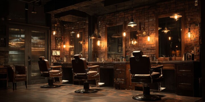 Vintage barbershop interior with leather chairs and warm industrial lighting