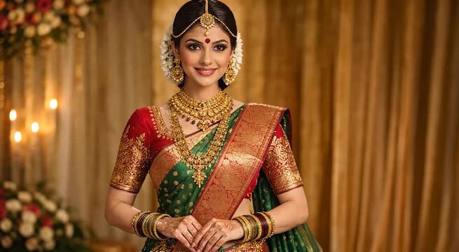 Indian Bride Posing For Camera In Traditional Saree With Gold Jewelry For Wedding Fashion Advertising Luxury Bridal Boutique Promotion Marketing Video