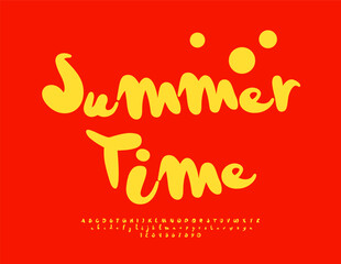 Fototapeta premium Vector Sunny badge Summer Time. Funny Yellow Font. Typography Playful Alphabet Letters and Numbers set