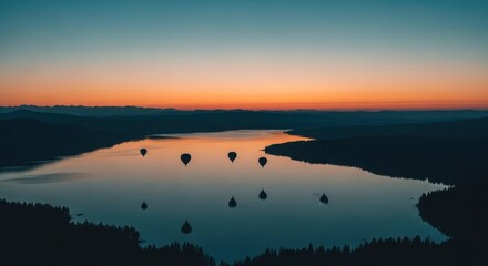 Scenic dawn view over a lake with hot air balloons against a colorful sky