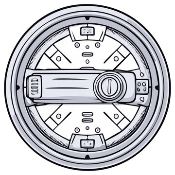 A detailed hand drawn illustration of a circular science fiction mechanical hatch or portal