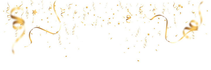Golden festive confetti with curling ribbons and stars isolated on transparent background.
