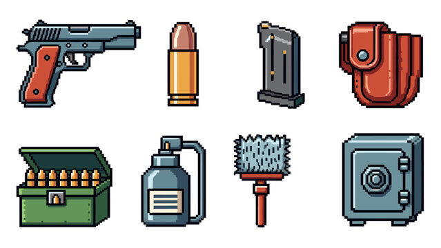 Pixel art collection of firearm accessories and security items