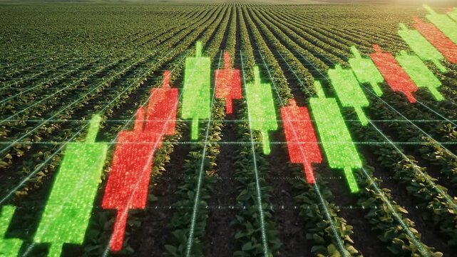 Simulated overhead aerial view of green crops in rows dynamically shifting and transforming into abstract minimalist digital candlestick chart patterns transformation, exchange, green crops in rows