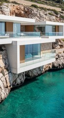 Fototapeta premium Modern house built on rocks by the sea with glass balconies looking over clear blue water in a coastal location
