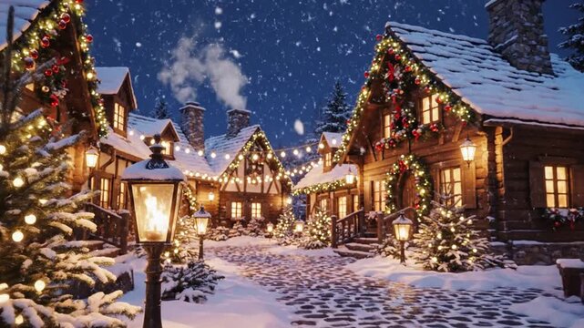 Cozy snow covered village courtyard illuminated by warm amber lights and festive garlands