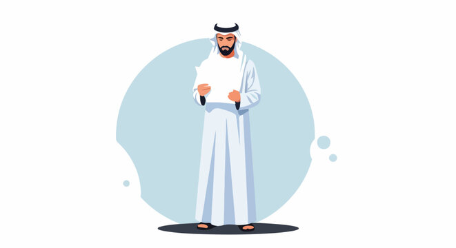 Middle Eastern man in traditional white kandura holding blank paper, illustration, vector art, business concept
