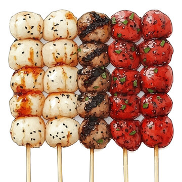 Dango, cute watercolor illustration with intricate patterns and vibrant splashes, isolated on a white background.
