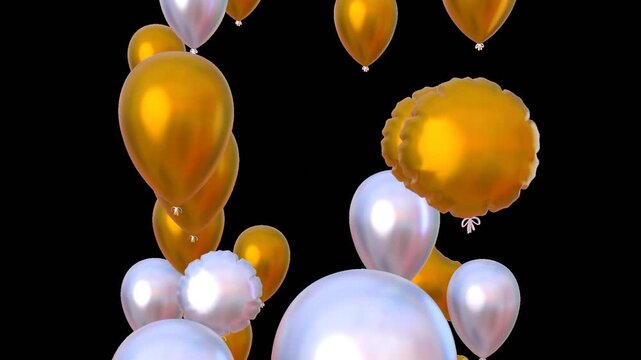 3d animation of golden and white balloons flying upwards, birthday or anniversary celebration concept. Video with alpha channel