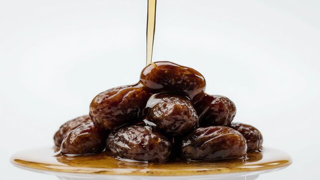 Ramadan menu, A spoon drizzling honey over a heap of glossy, dark, plump dates on a white surface
