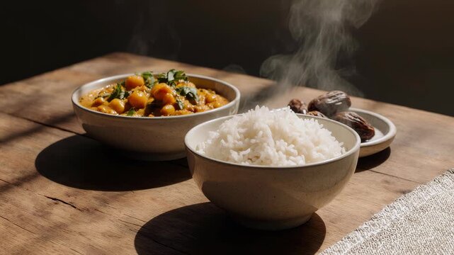 Ramadan menu, Warm bowl of spicy vegetable curry with fluffy white rice, alongside dark meat and roasted vegetables on rustic wooden table