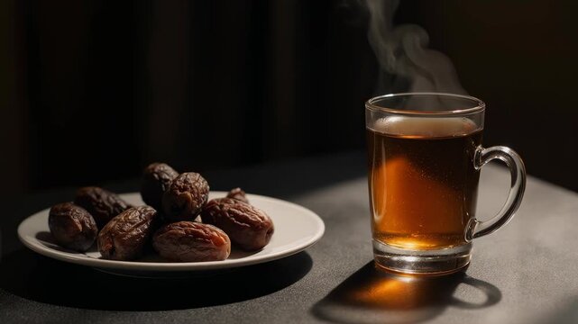 Ramadan menu, Warm beverage in a clear glass mug beside a white plate of assorted chocolates on a dark surface