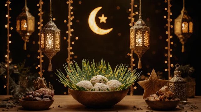Ramadan menu, Decorative Ramadan setup with hanging lanterns, crescent moon, star, and assorted treats on a wooden surface