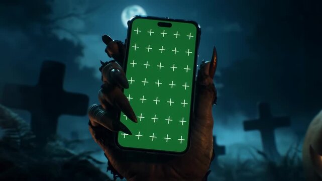 Creepy zombie hand holding smartphone with green screen in spooky Halloween graveyard