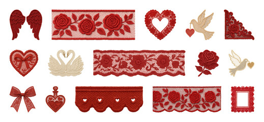 PNG Red lace embellishments for crafts, transparent background