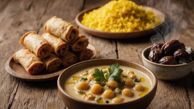 Ramadan menu, Traditional Indian meal with chickpea curry garnished with coriander, flanked by fried spring rolls, a plate of yellow rice, and dates on a rustic wooden table