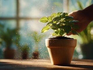 Hands Repotting Houseplant in Terracotta Pot with Soil Particles in Sunlight