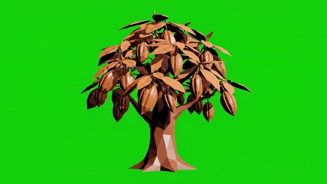 Single low poly chocolate tree gently swaying in a simulated breeze against a vibrant pure chroma key green screen background growth, virtual environment, gently swaying