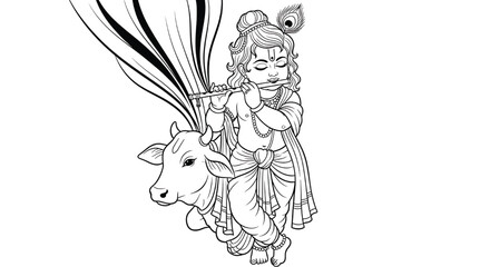 Krishna playing flute with cow black and white outline illustration with traditional Indian attire and accessories featuring hindu, mythology, god with divine and music elements for spiritual, serene © Devid 