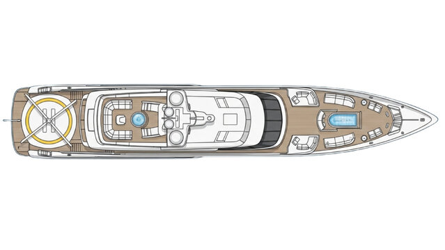 Detailed vehicle autocad blueprint of a luxury yacht's deck plan viewed from above