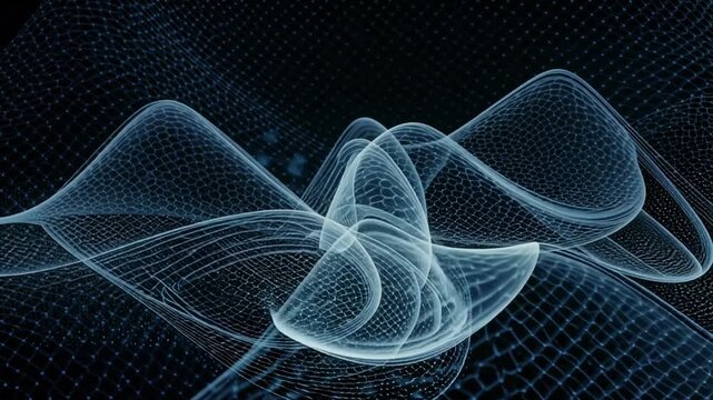 Dynamic blue network waves flowing across dark background with dots. Ai generative video