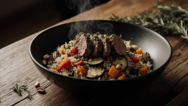 Ramadan menu, Sliced grilled meat atop a colorful vegetable and grain salad in a black bowl with a rustic background