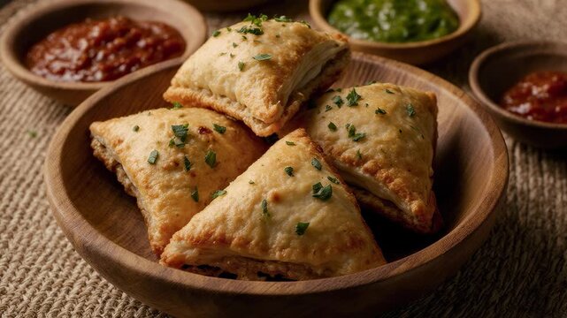 Ramadan menu, Warm, golden-brown samosas filled with savory spiced vegetables, served with colorful chutneys