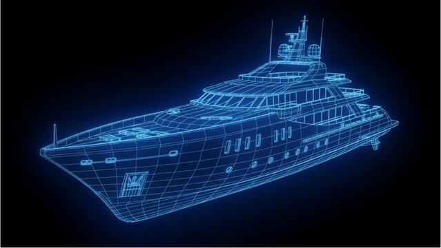 Luxury yacht vehicle autocad blueprint design on dark background from isometric viewpoint showcasing technology and watercraft architecture