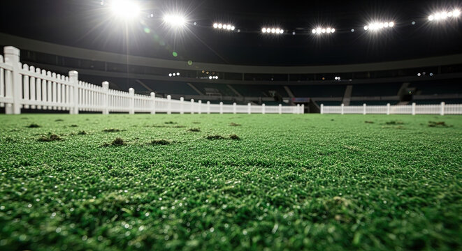 Wide-angle view of artificial grass field with white fencing at night  