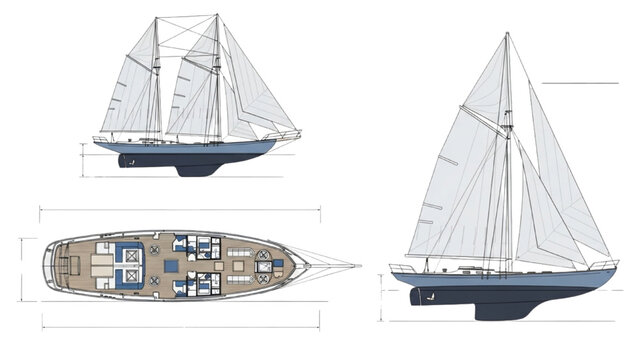 Detailed vehicle autocad blueprint of a sailboat from multiple viewpoints showcasing its design and layout