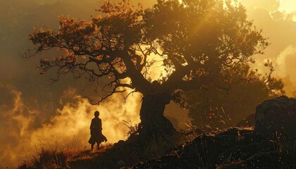 Obraz premium Silhouette of person walking near large tree at sunset.