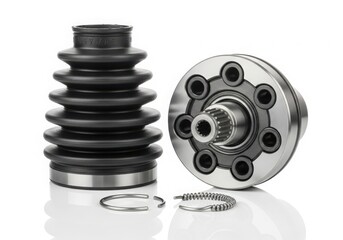Close-up view of a black rubber bushing and a metal bearing assembly on a white background