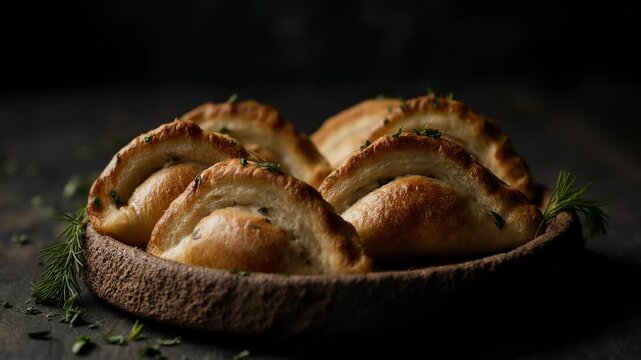 Ramadan menu, A rustic dark plate holds six freshly baked, golden-brown empanadas with flaky crusts