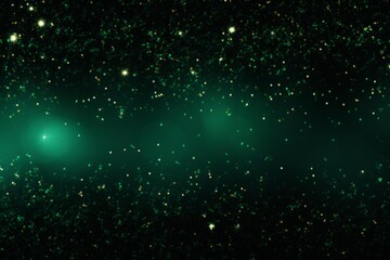 Obraz premium Sparkling green glitter particles scattering on a dark emerald background with glowing light