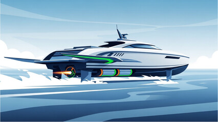 Futuristic vehicle autocad blueprint design of a sleek yacht on icy terrain under a clear blue sky