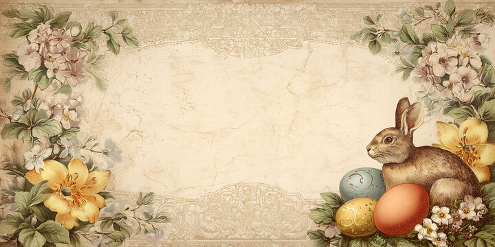 Pastel Easter bunny rabbit and eggs and spring flower, vintage style illustration, textured Easter holiday panoramic background or header with copy space