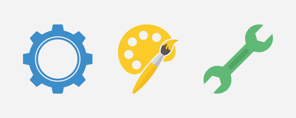A set of editable vector icons featuring a gear, palette with paintbrush, and wrench for design and engineering purposes