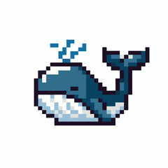 Fototapeta premium Pixel art illustration of a blue whale spouting water, a charming retro digital graphic